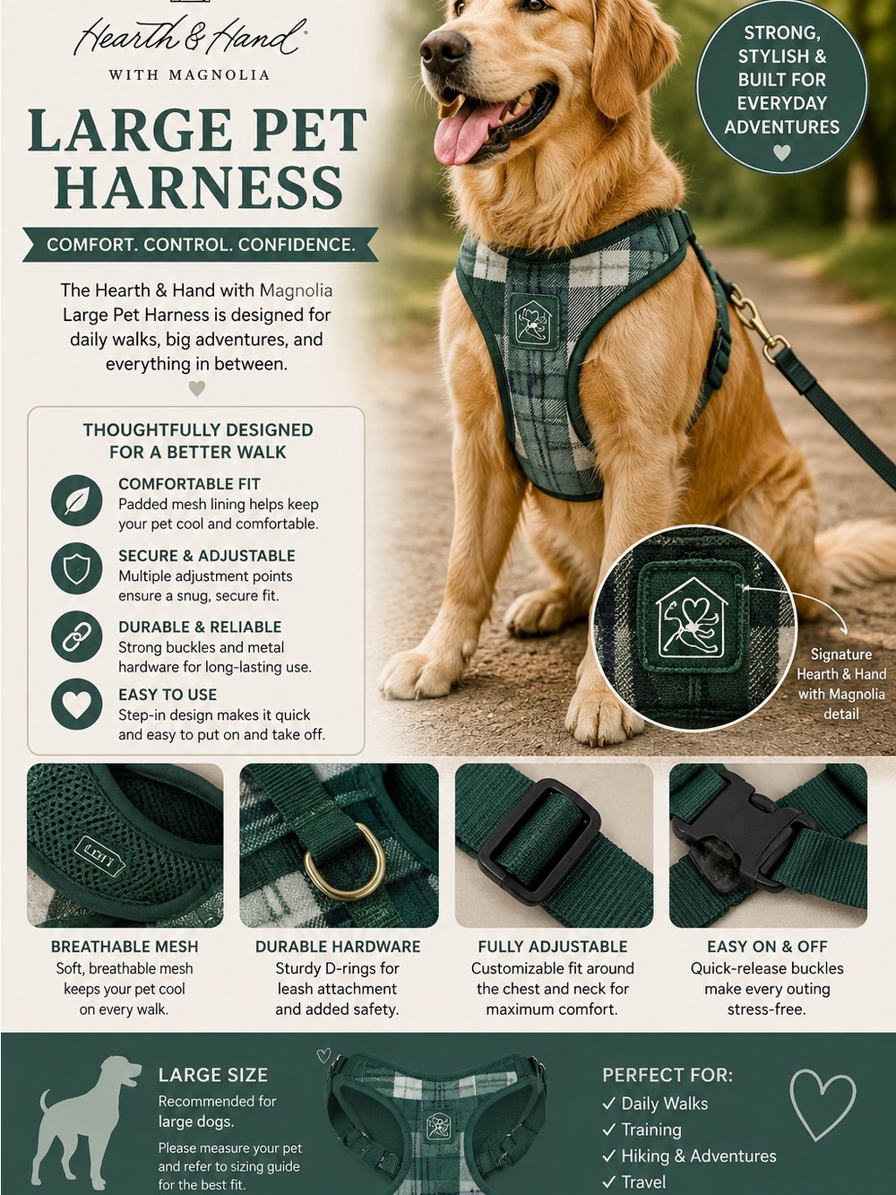Hearth & Hand Green Plaid Large Pet Harness with Dark Trim